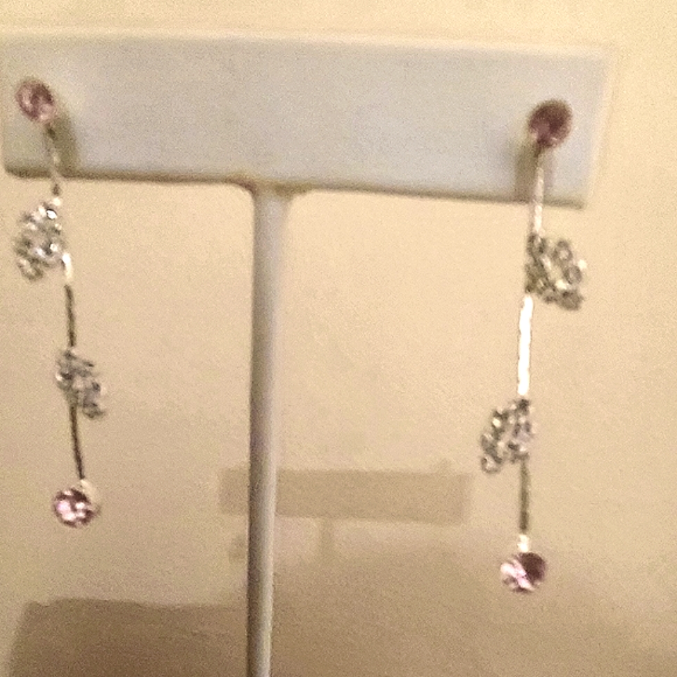Nwt Delicate Sakura Long Silver Pink Crystals Post Earrings
